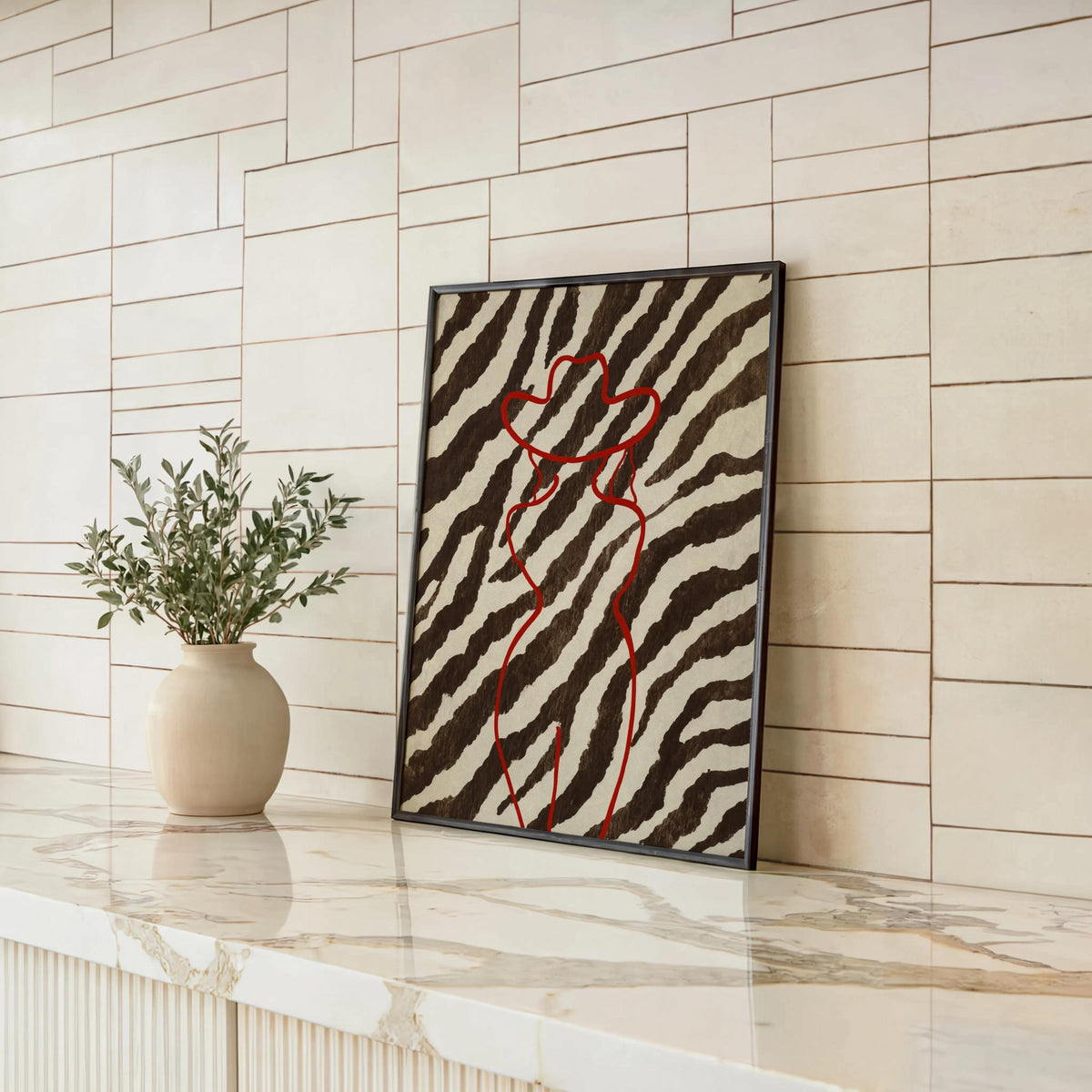 Red Cowgirl Outline Wall Art, Brown Zebra Print Poster, Trendy Western Aesthetic Decor, Modern Minimalist Cowboy Line Art Print Fashion Gift