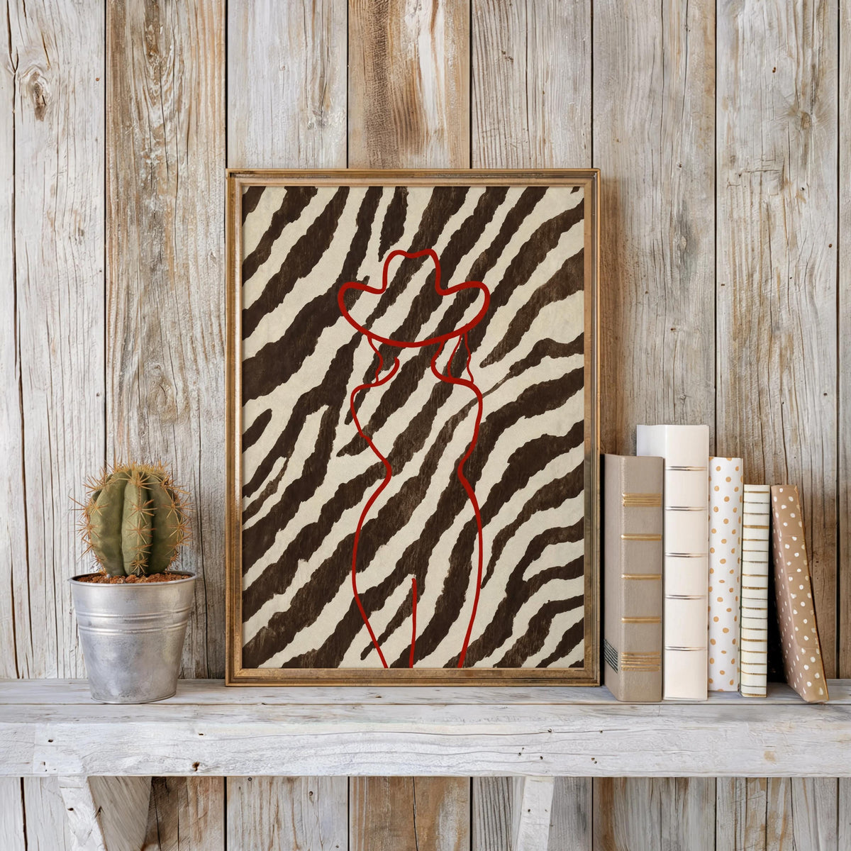 Red Cowgirl Outline Wall Art, Brown Zebra Print Poster, Trendy Western Aesthetic Decor, Modern Minimalist Cowboy Line Art Print Fashion Gift