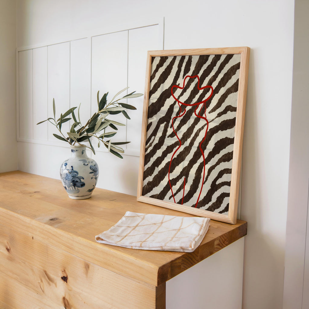 Red Cowgirl Outline Wall Art, Brown Zebra Print Poster, Trendy Western Aesthetic Decor, Modern Minimalist Cowboy Line Art Print Fashion Gift