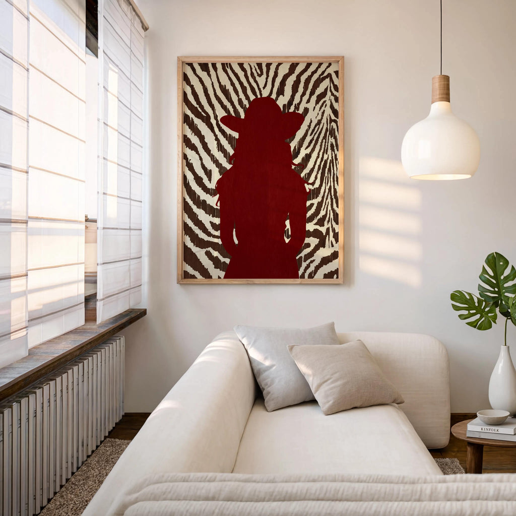 Living room view, zebra print cowgirl wall art above sofa, fashionable western print adds modern country flair