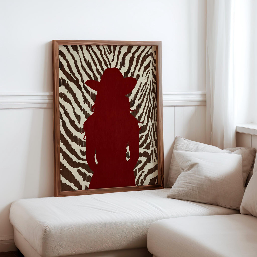 Cozy sofa corner, zebra print cowgirl wall art in frame, idea for cowgirl bedroom decor or unique cowgirl gift