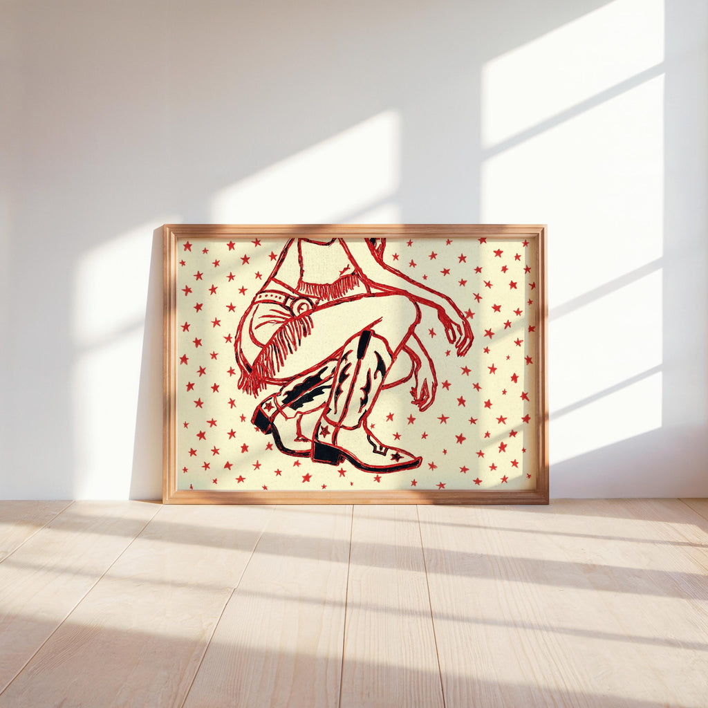Bright sunlight and wood floor, western cowgirl wall art featuring stylized cowgirl and scattered stars, rodeo wall decor feel