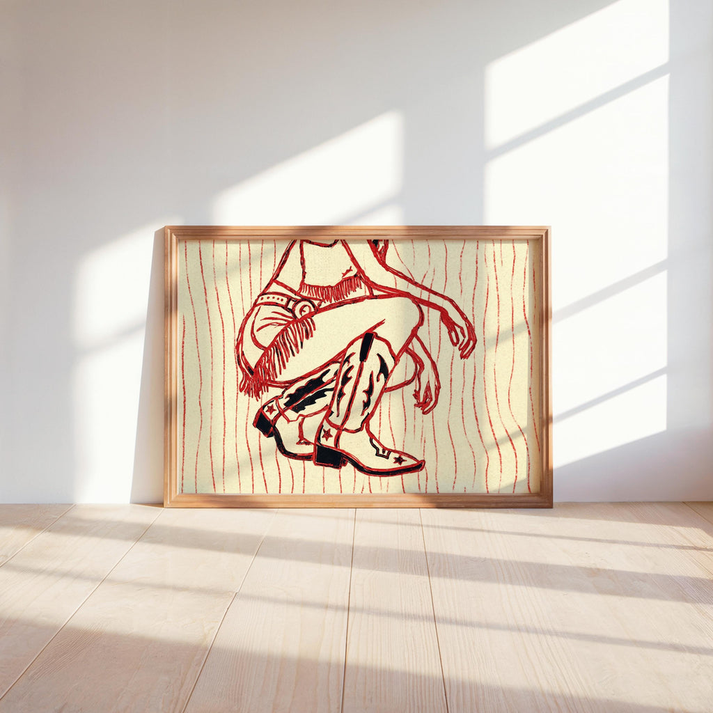 Sunlit floor scene, western cowgirl wall art with bold red linework on cream, retro wavy stripes variant catching light