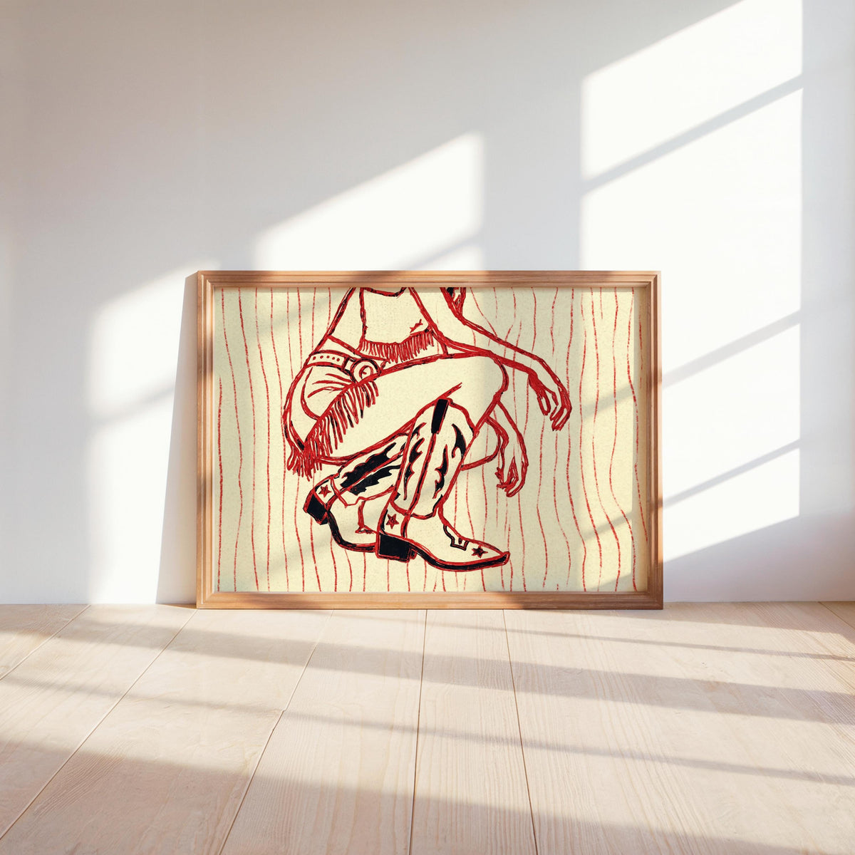 Sunlit floor scene, western cowgirl wall art with bold red linework on cream, retro wavy stripes variant catching light