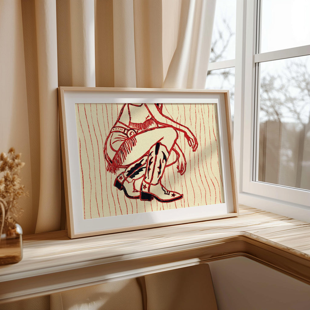 Corner window setting, western cowgirl wall art with red wavy stripes, western cowboy boots print idea for a cowgirl gift