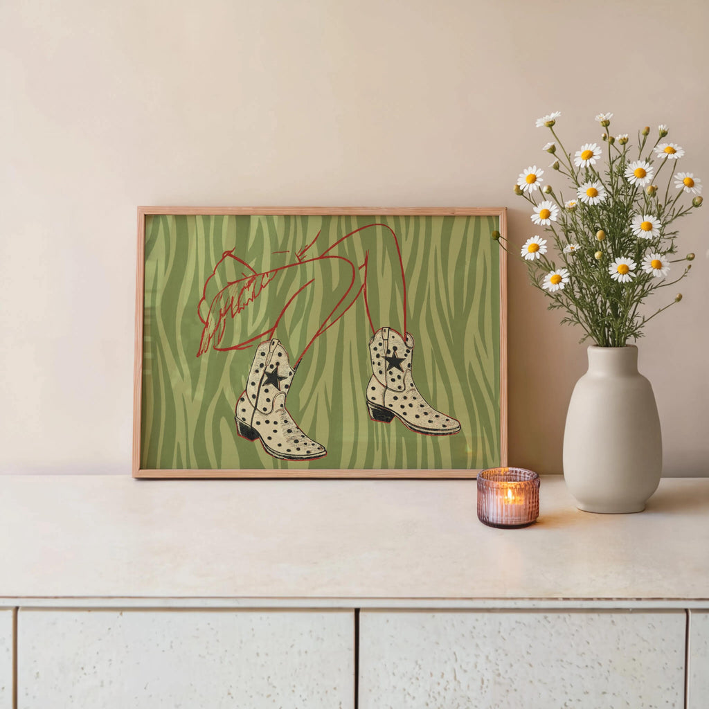Polka Dot Cowgirl Boots Wall Art, Green Zebra Pattern Print, Trendy Western Aesthetic Poster, Vintage Fashion Closet Decor, Female Gift