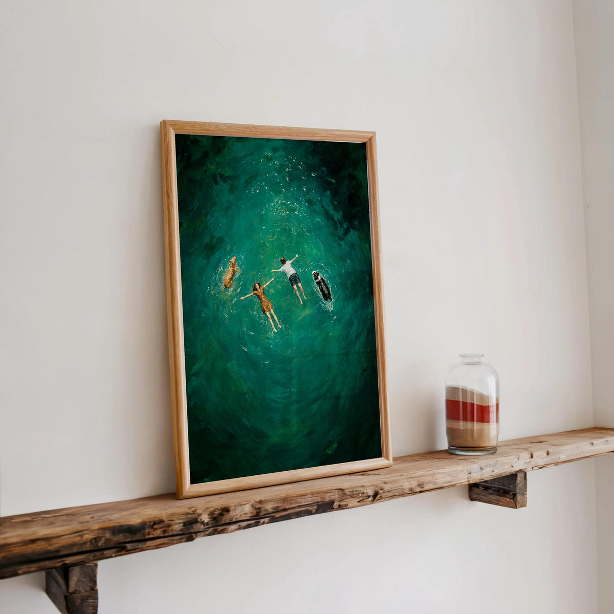 Aerial Couple Swimming with Dogs Wall Art, Turquoise Ocean Print, People and Pets Swimmer Poster, Modern Coastal Pool Home Decor Gift