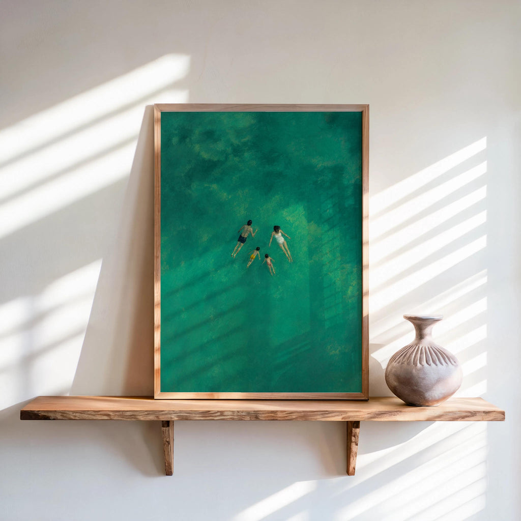 Teal ocean family swimming wall art on floating shelf, diagonal light emphasizes textured pool surface