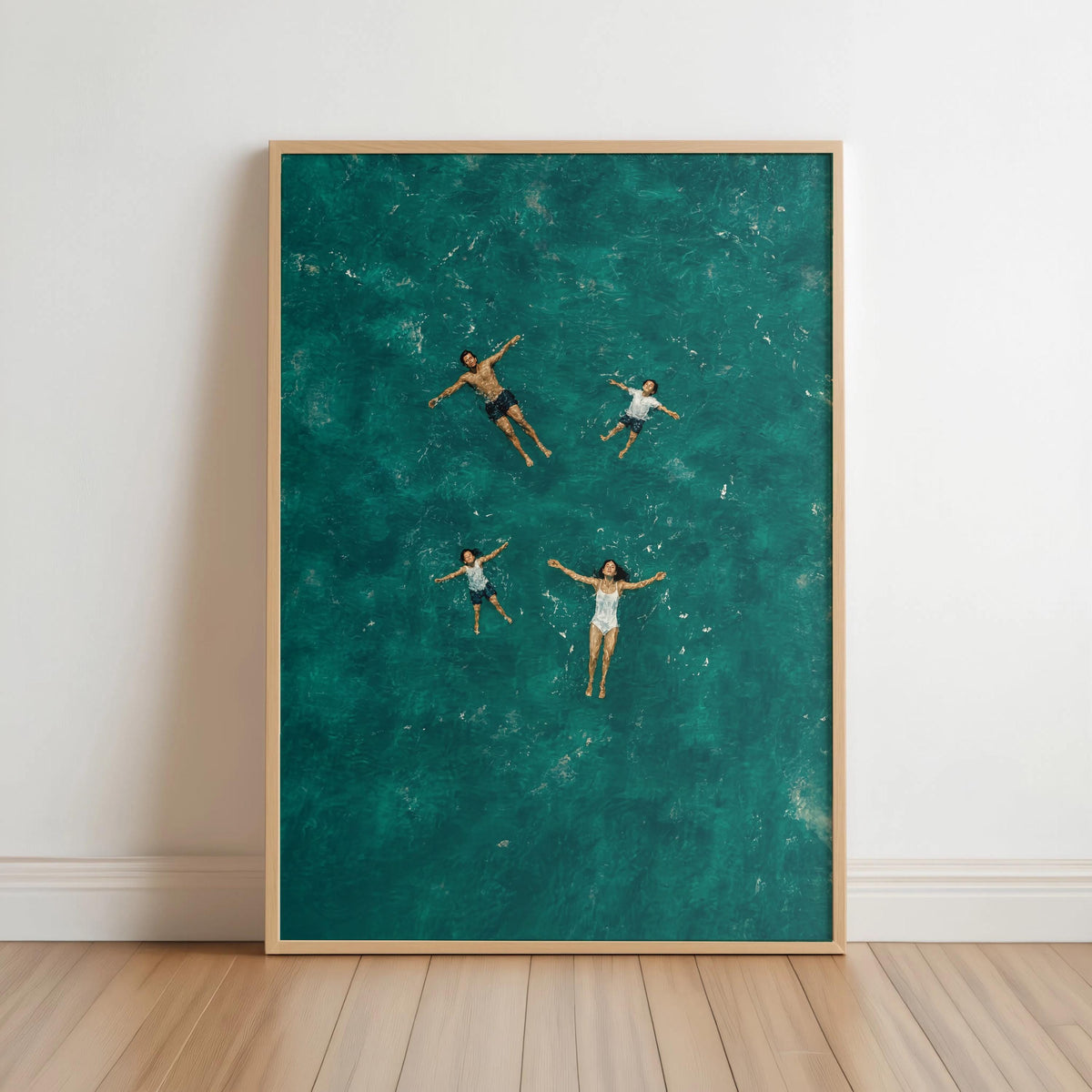 Turquoise Ocean Water Wall Art, Floating Family Aerial Print, Relaxing Summer Swimming Poster, Modern Coastal Couple Decor, Beach House Art