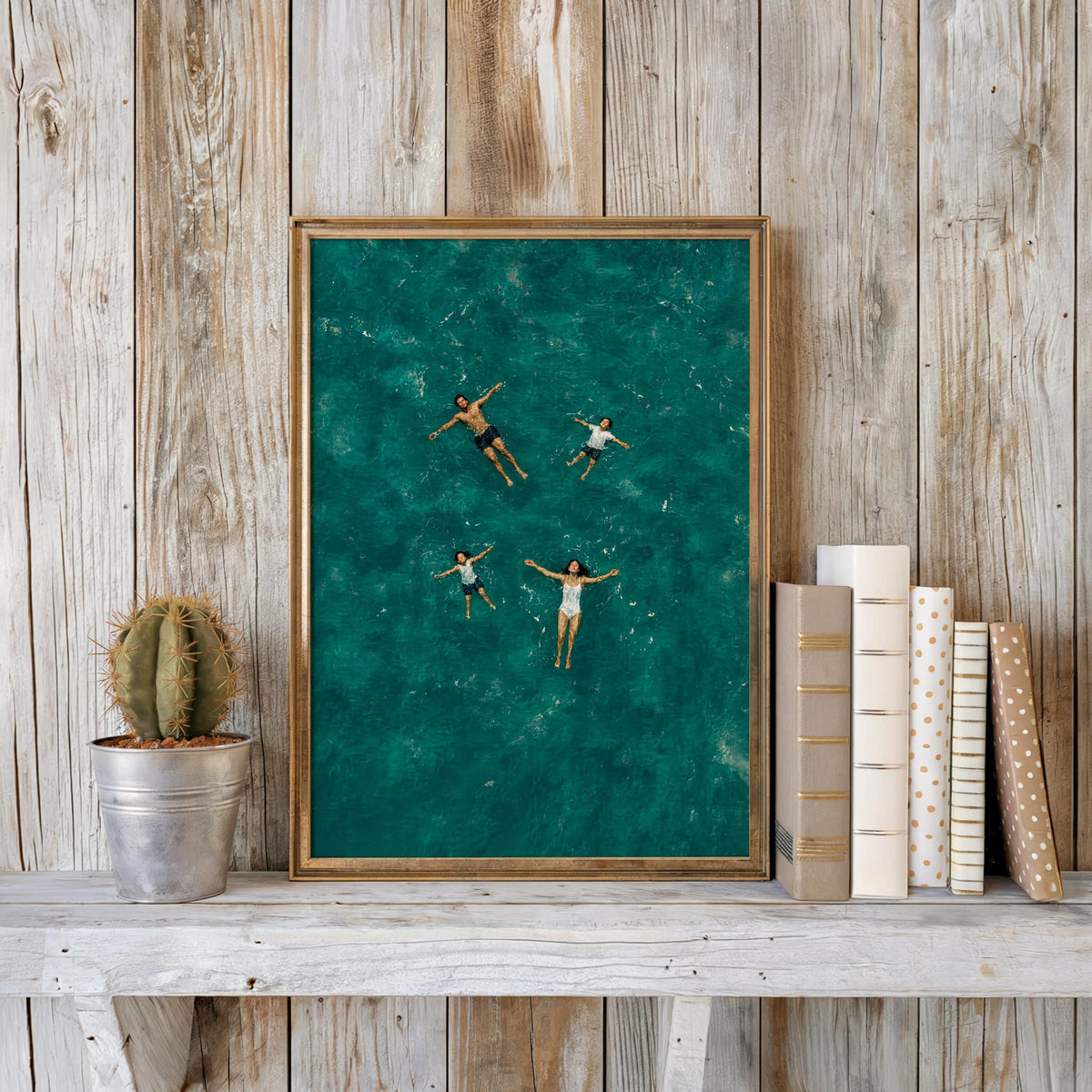 Turquoise Ocean Water Wall Art, Floating Family Aerial Print, Relaxing Summer Swimming Poster, Modern Coastal Couple Decor, Beach House Art