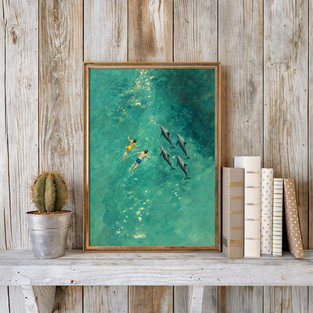 Couple Swimming with Dolphins Art Print, Arial Ocean Wall Decor, Turquoise Water Pool Beach Poster, Modern Coastal Home Decor Gift Idea