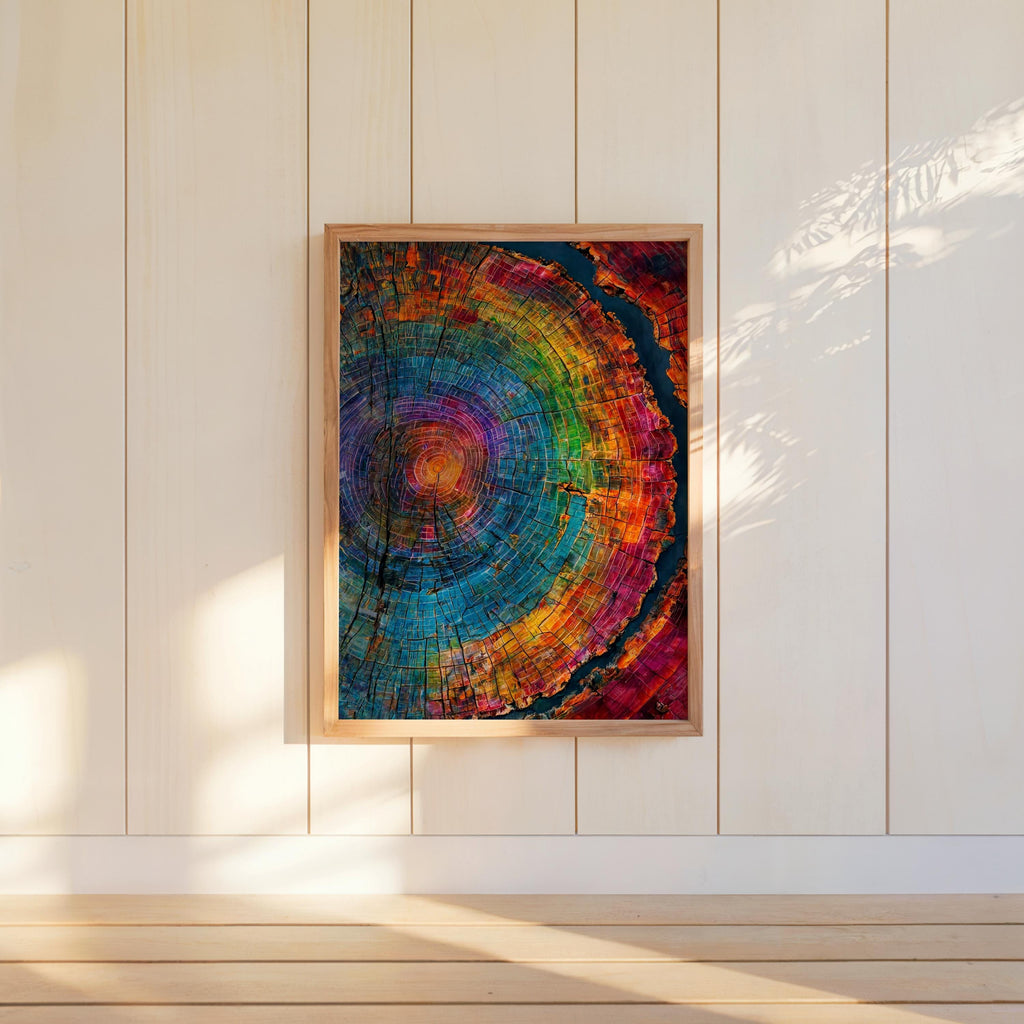 Tree Rings Wall Art, Colorful Wood Grain Poster, Rainbow Cross Section Decor, Vibrant Botanical Painting, Abstract Nature Print