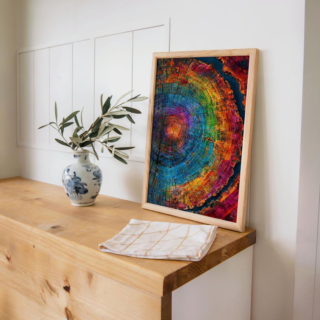 Tree Rings Wall Art, Colorful Wood Grain Poster, Rainbow Cross Section Decor, Vibrant Botanical Painting, Abstract Nature Print