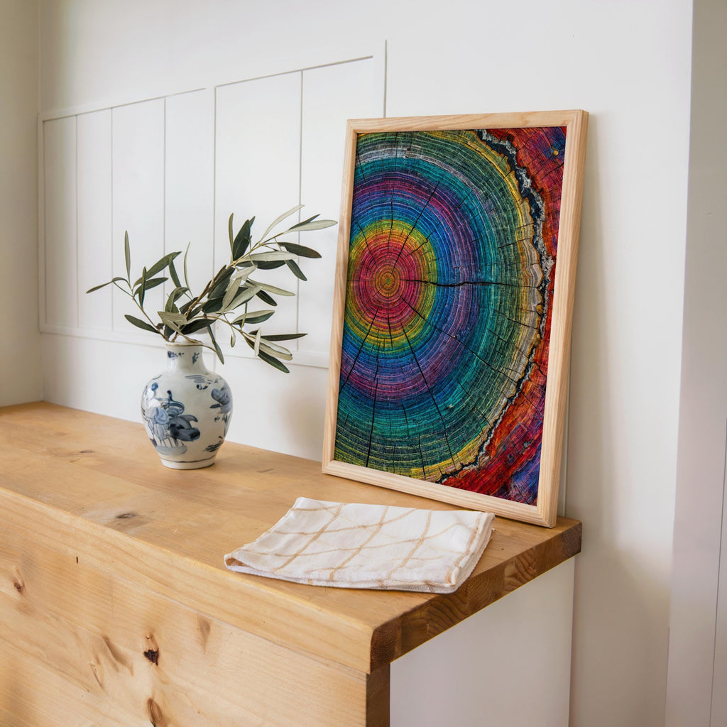 Tree Ring Wall Art, Colorful Tree Rings Print, Abstract Modern Farmhouse Canvas, Minimalist Woodland Decor, Psychedelic Rainbow Poster