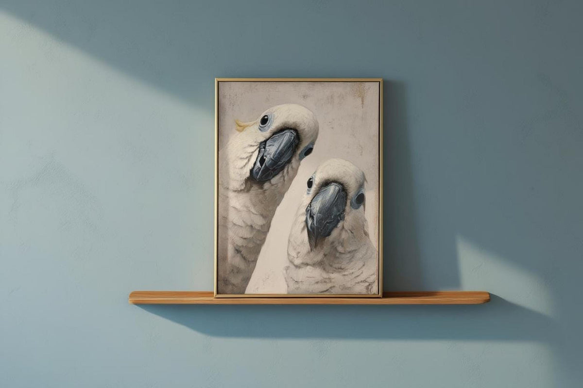 Small framed funny cockatoo art print resting on a slim wall ledge, airy Scandinavian styling, neutral palette