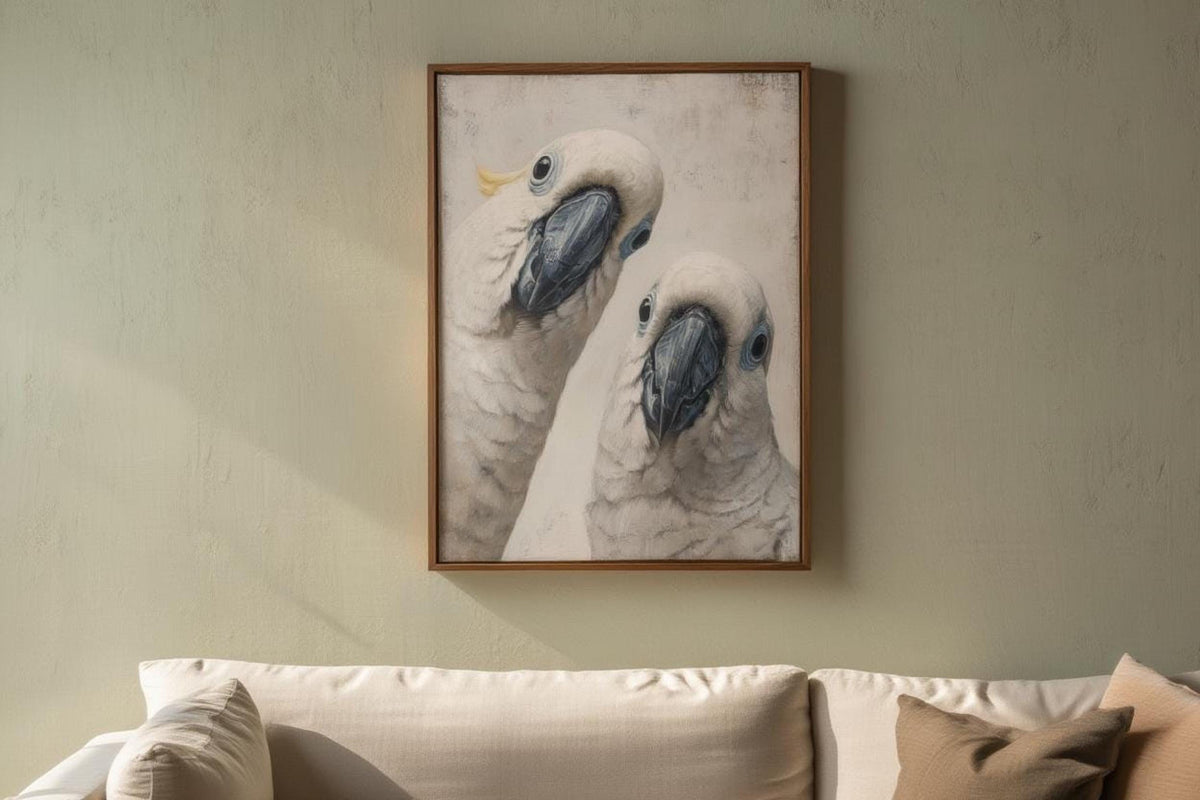 Cockatoo poster print centered above a sofa, whimsical parrot wall art funny enough for modern living rooms