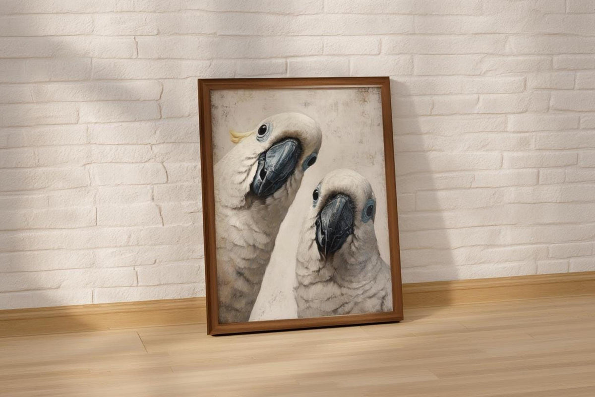 Cockatoo poster print resting on a wooden floor by a whitewashed brick wall, neutral whimsical animal nursery art
