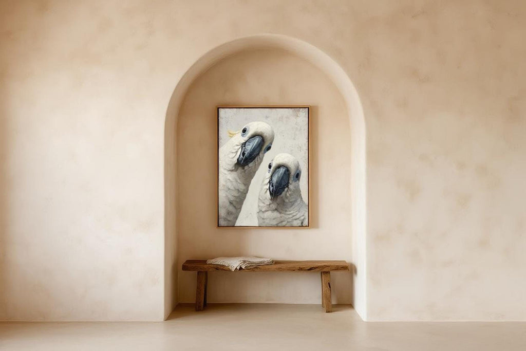 Peeking parrot wall art displayed in an arched niche, quirky bird wall art in a warm beige, Scandinavian style