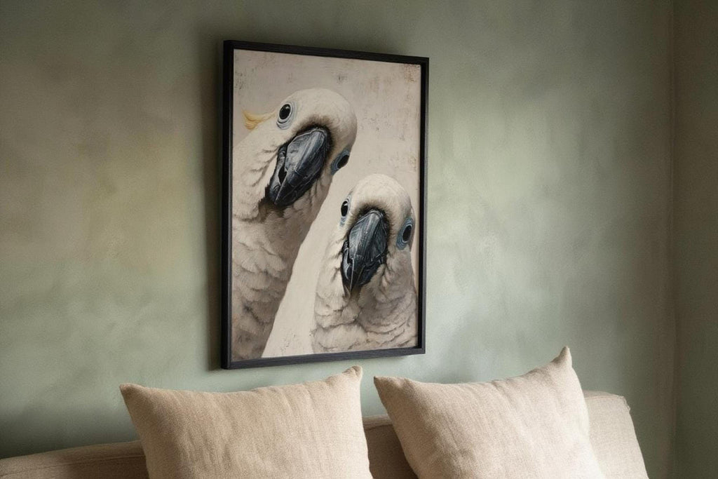 Framed funny cockatoo wall art print hung above a sofa, soft grey feathers and playful close-up composition