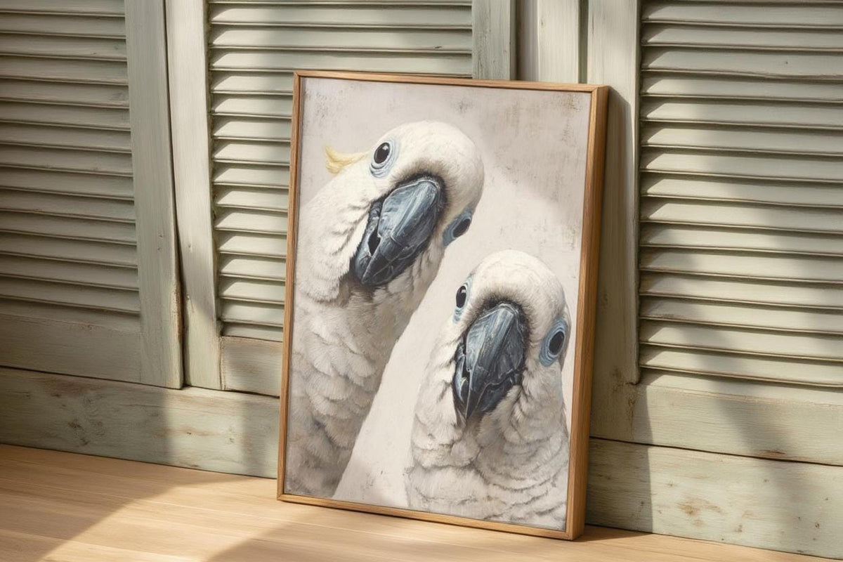Cockatoo wall art print leaning by shuttered panels, white cockatoos with slate beaks, rustic contemporary vibe