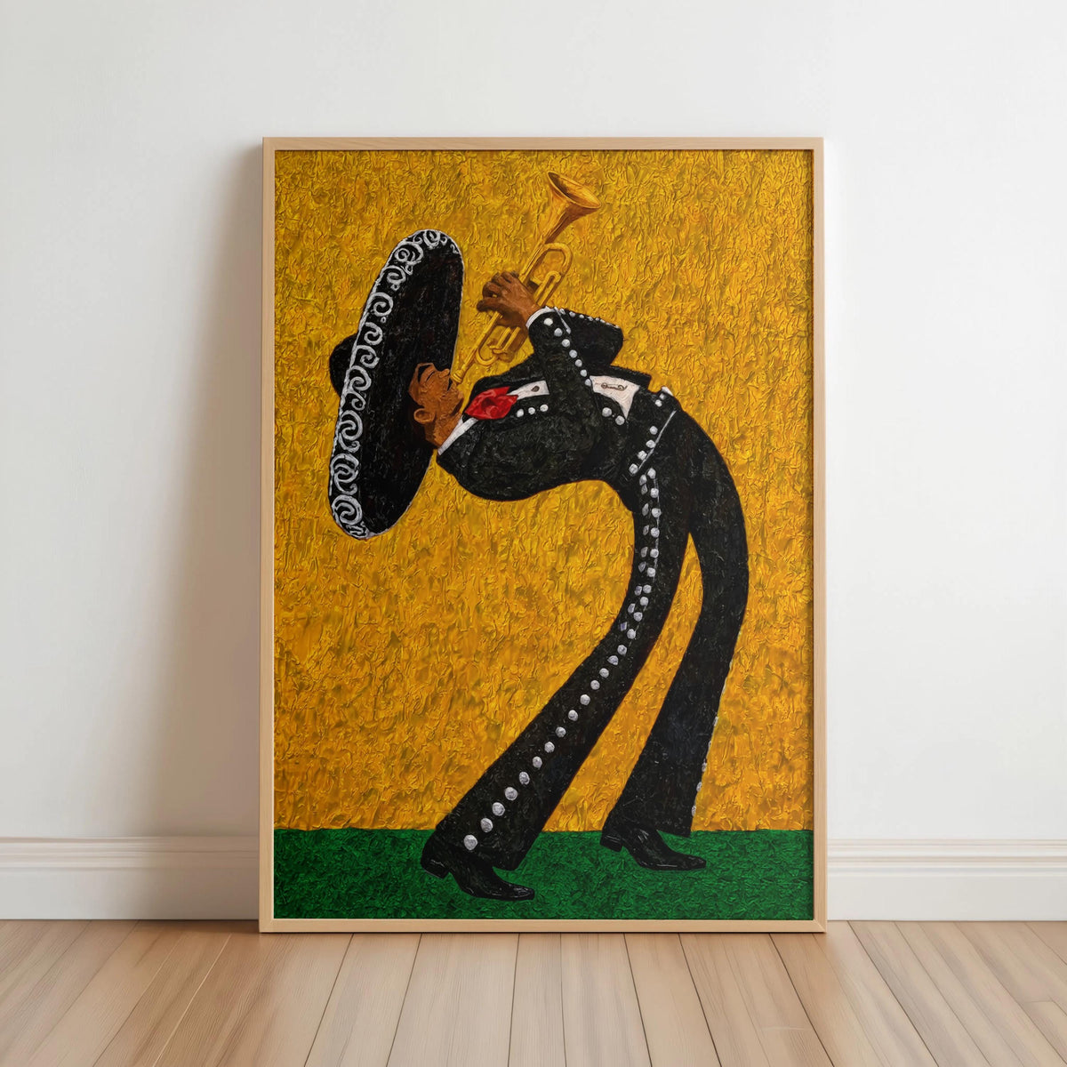 Framed mariachi wall art print leaning, mustard yellow glitter background, bold sombrero silhouette playing trumpet, green base panel