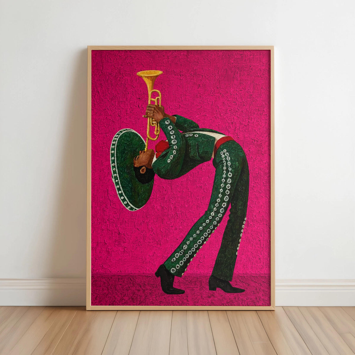 Fuchsia mariachi wall art, bold Mexican folk art print, textured surrealist poster style in frame.