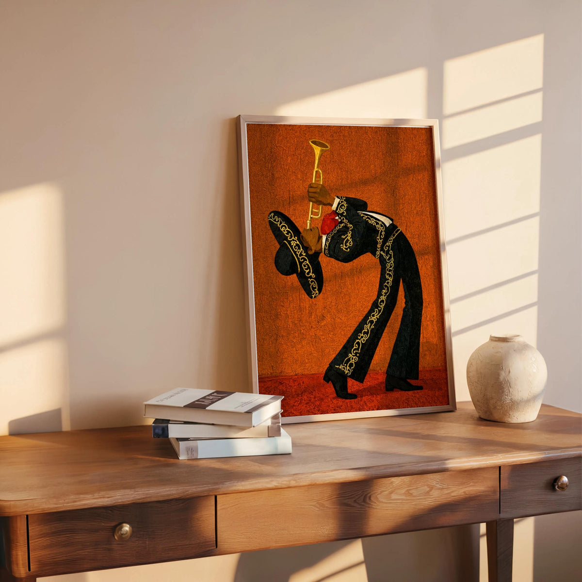 Mexico Mariachi Trumpet Player Print, Bright Vintage Charro Suit Wall Art, Latin Music Poster, Vibrant Cultural Latin American Travel Gift