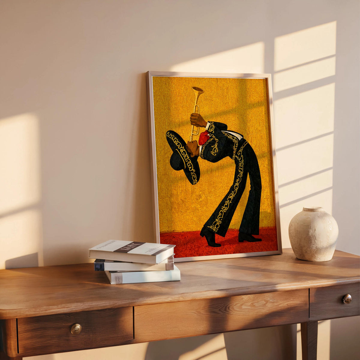 Mexico Mariachi Trumpet Player Print, Bright Vintage Charro Suit Wall Art, Latin Music Poster, Vibrant Cultural Latin American Travel Gift