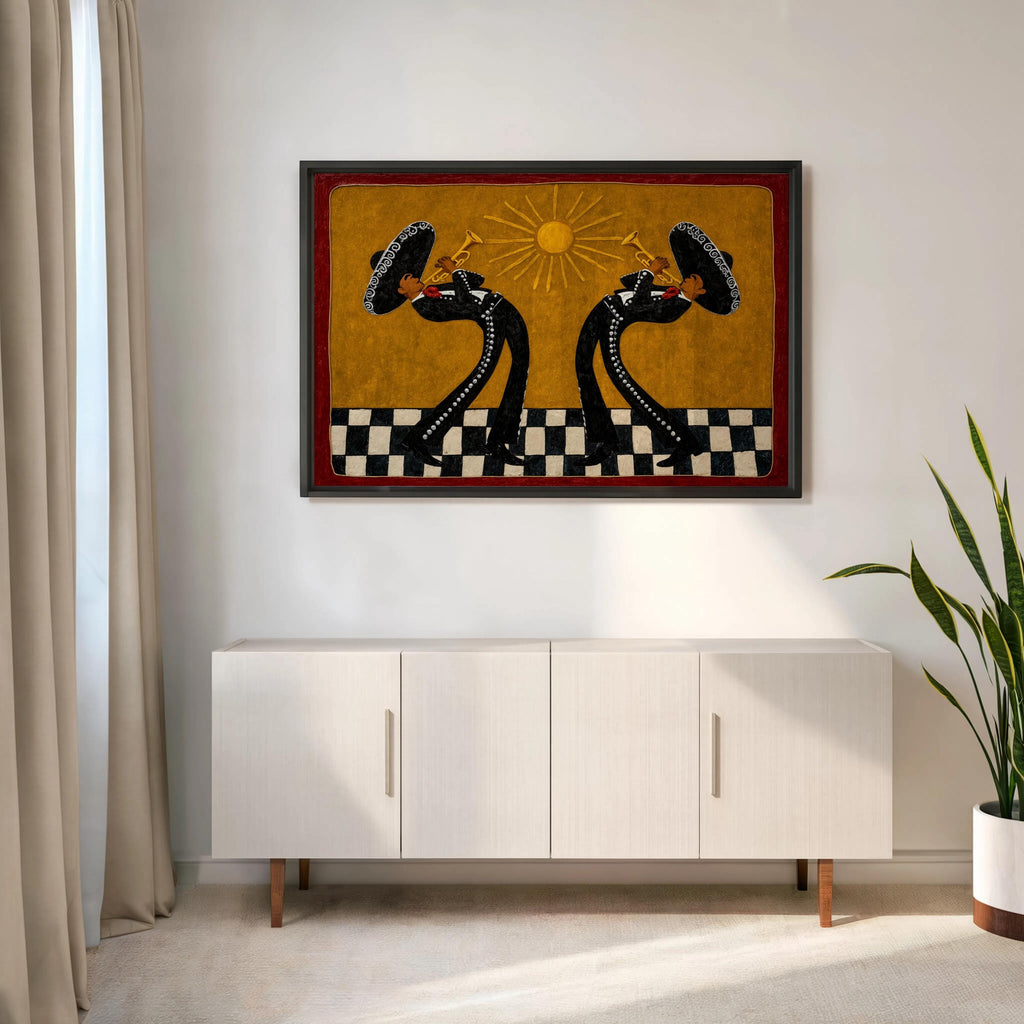 Southwestern Musicians Print, Mexican Folk Art Painting, Mariachi Trumpet Players Canvas, Checkered Cultural Print, Latin Culture Decor Gift