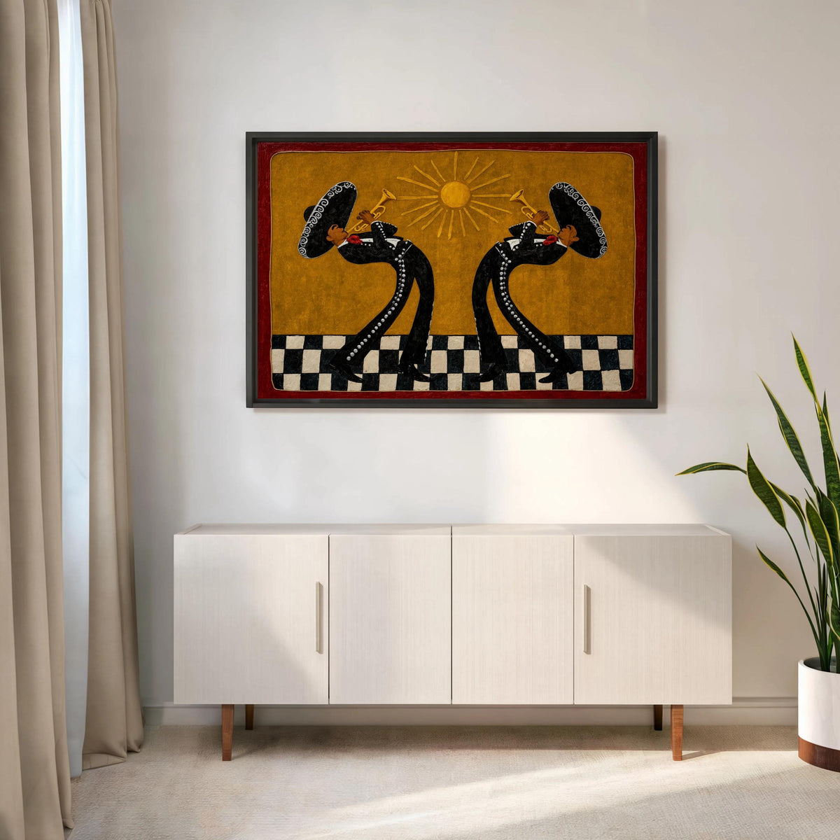 Southwestern Musicians Print, Mexican Folk Art Painting, Mariachi Trumpet Players Canvas, Checkered Cultural Print, Latin Culture Decor Gift