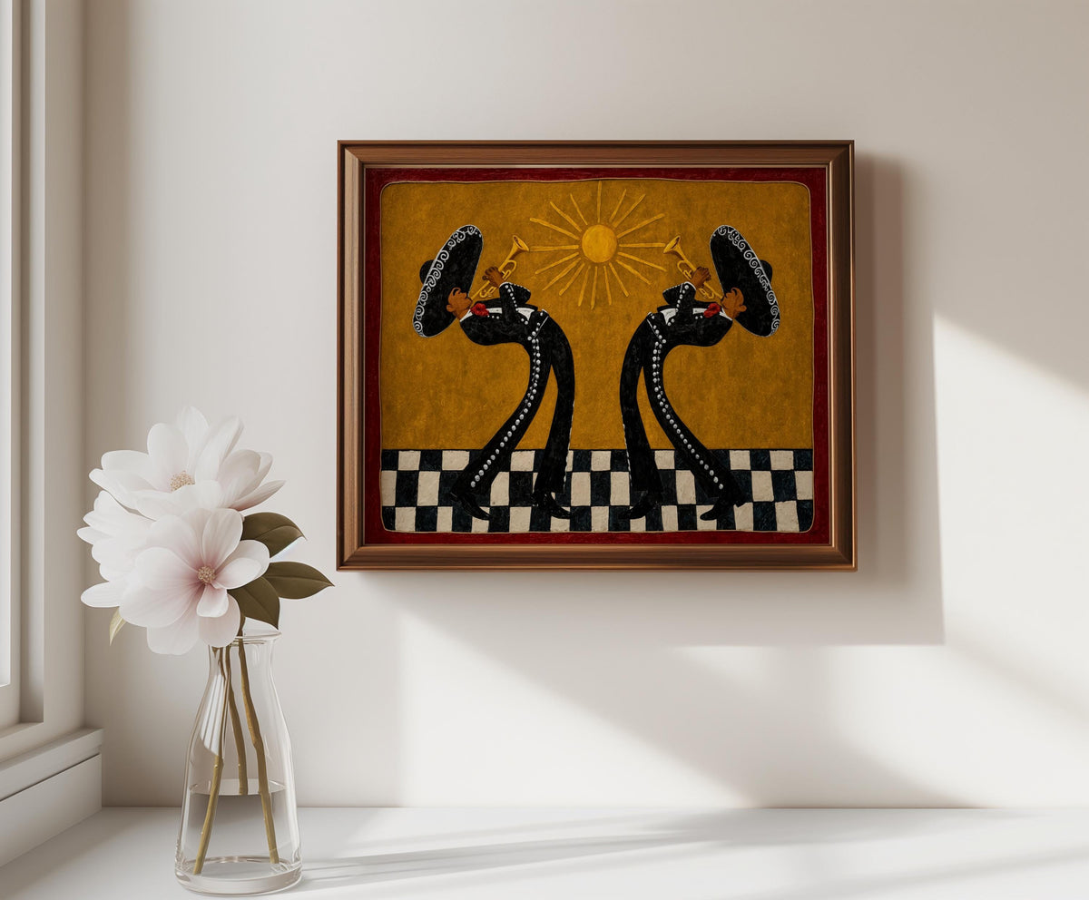 Southwestern Musicians Print, Mexican Folk Art Painting, Mariachi Trumpet Players Canvas, Checkered Cultural Print, Latin Culture Decor Gift