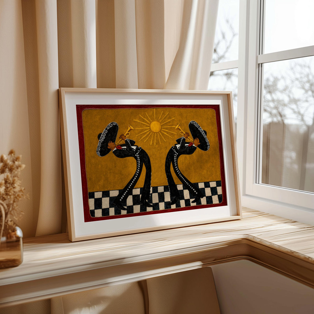 Southwestern Musicians Print, Mexican Folk Art Painting, Mariachi Trumpet Players Canvas, Checkered Cultural Print, Latin Culture Decor Gift