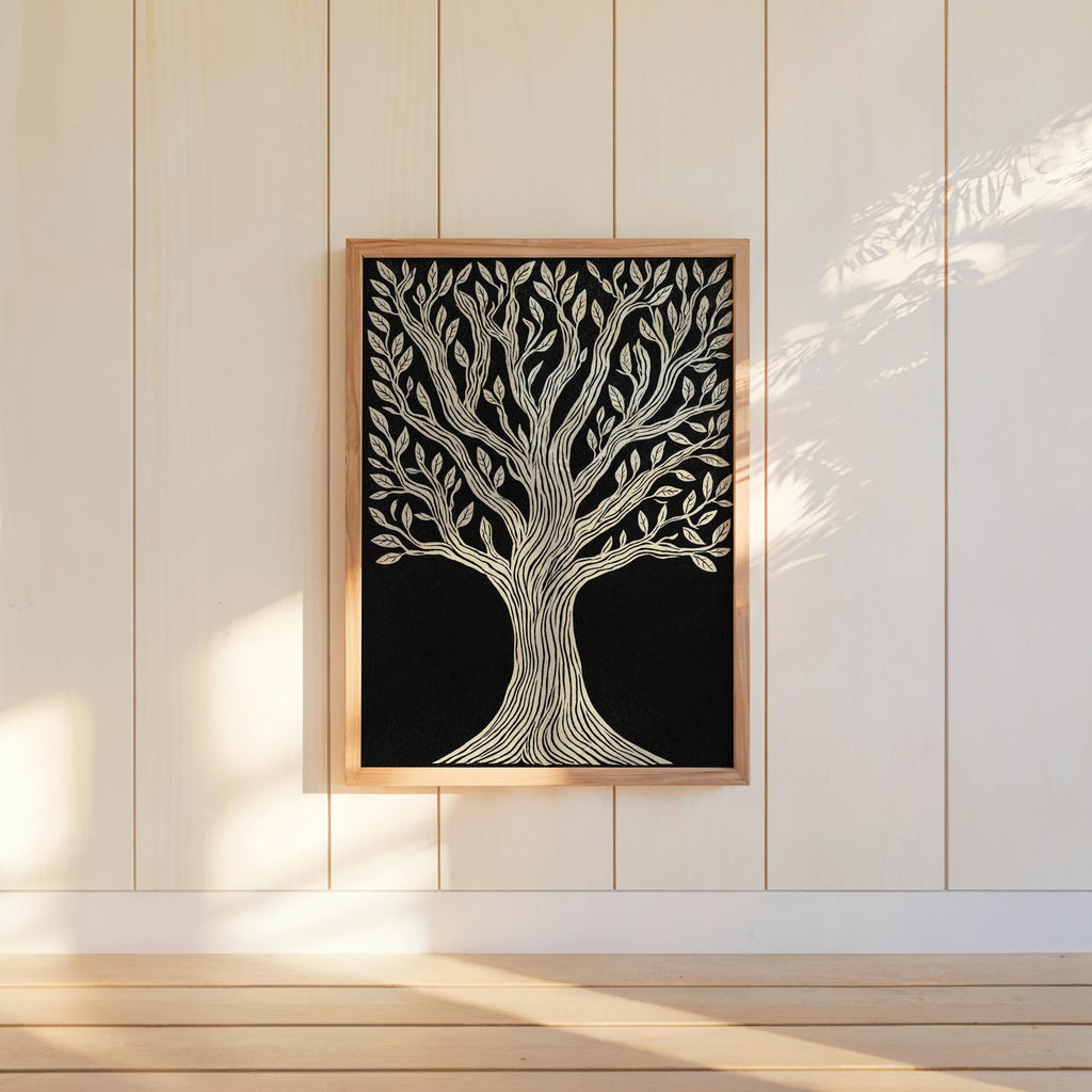 Tree of Life wall art centered on white shiplap, sunlit, woodcut-style linocut print in warm frame.