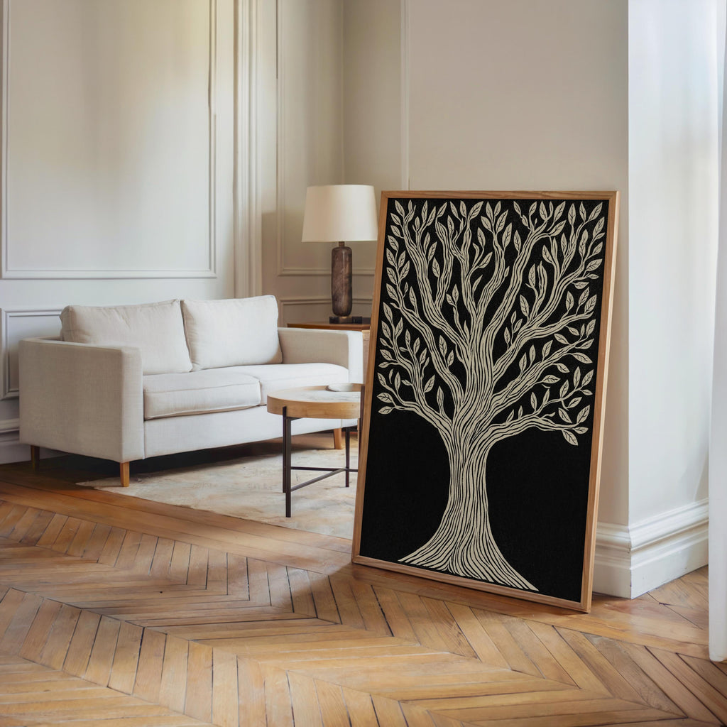 Tree of Life wall art freestanding on herringbone floor, framed linocut print, modern rustic living room vibe.
