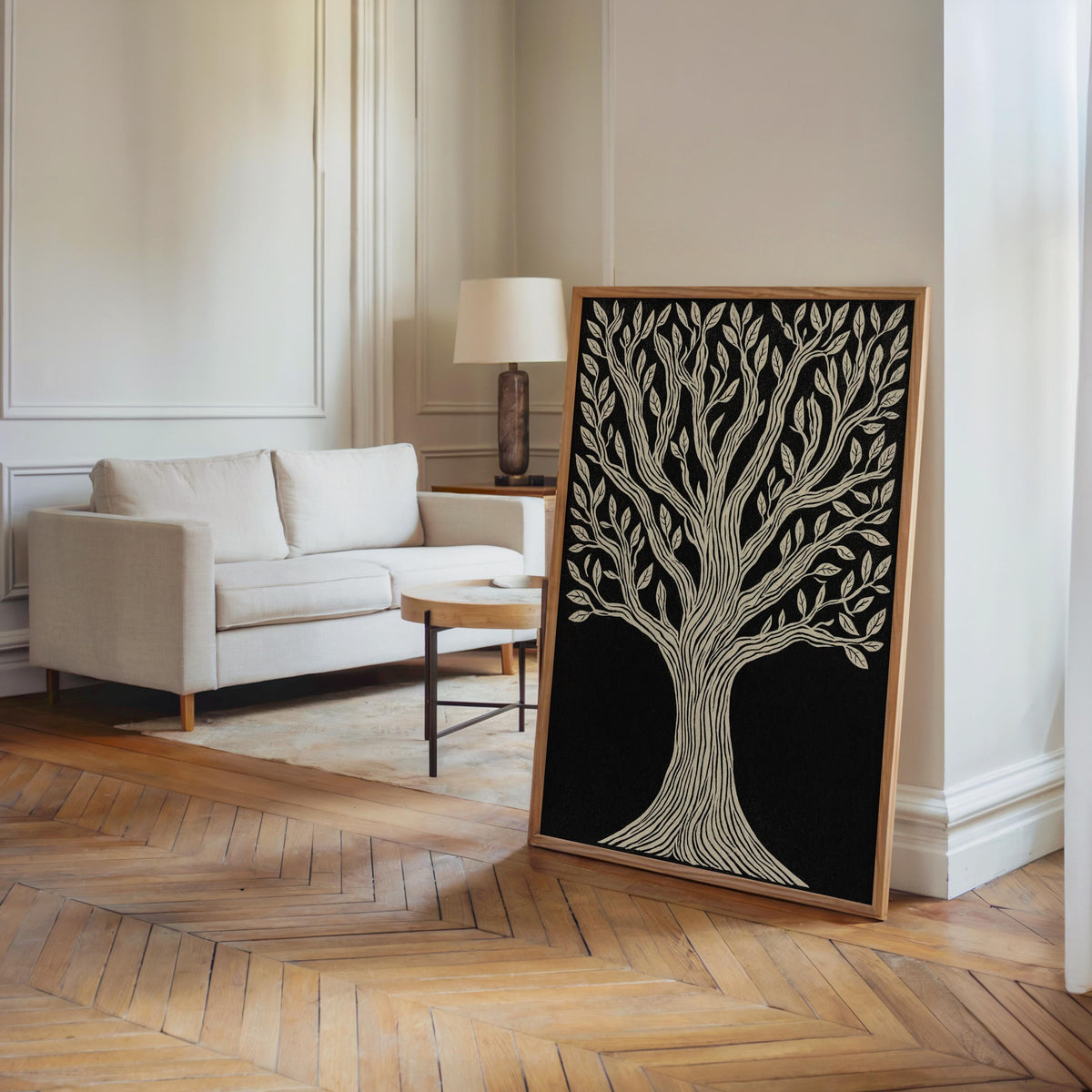 Tree of Life wall art freestanding on herringbone floor, framed linocut print, modern rustic living room vibe.