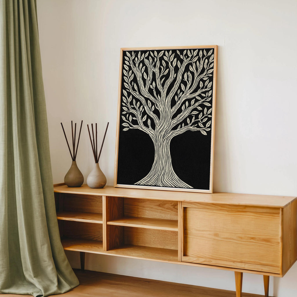 Tree of Life wall art resting on midcentury credenza, paired with ceramic vases, woodcut wall art, Scandi minimalism.