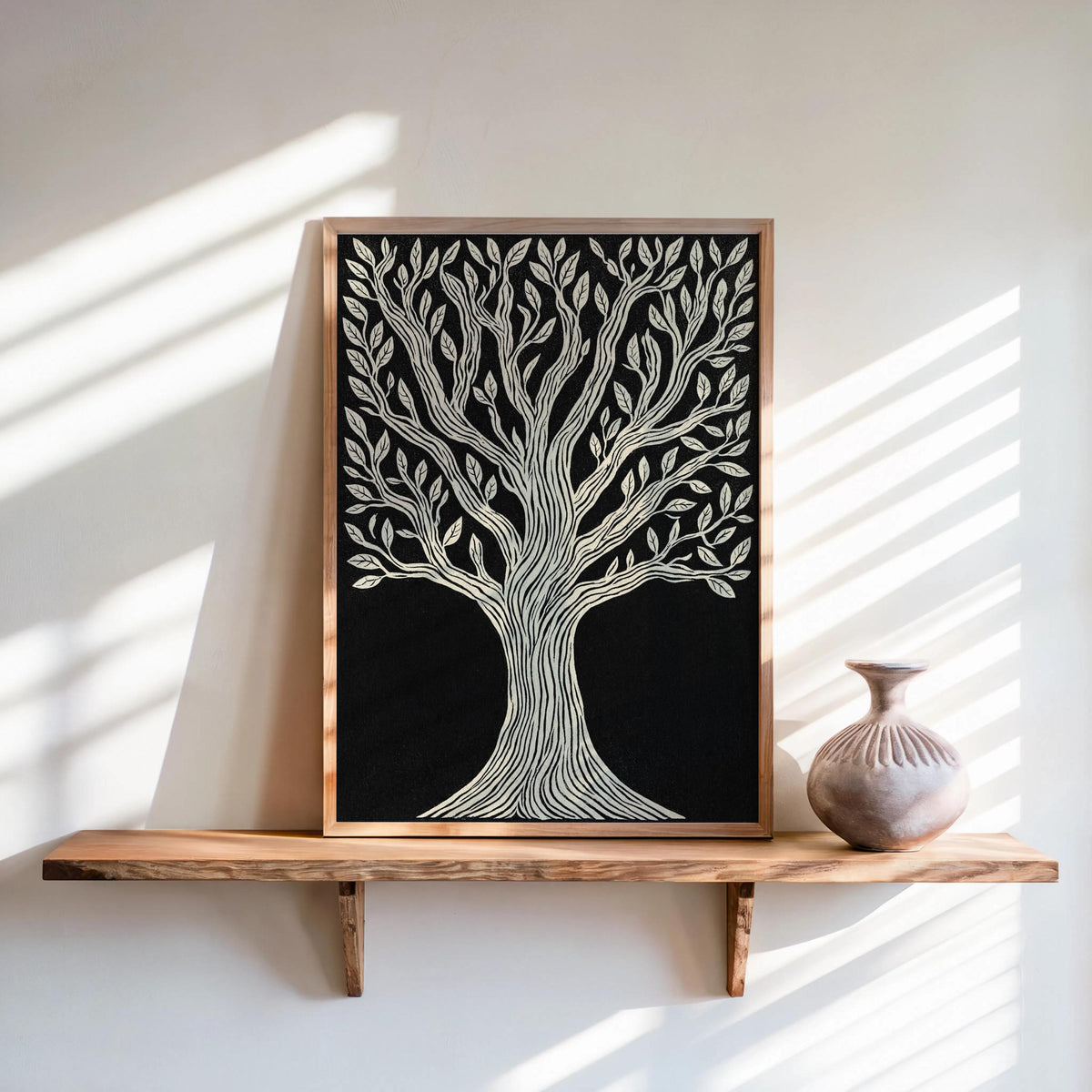 Framed Tree of Life wall art on a floating wood shelf, cream linocut tree on black, vase beside it.