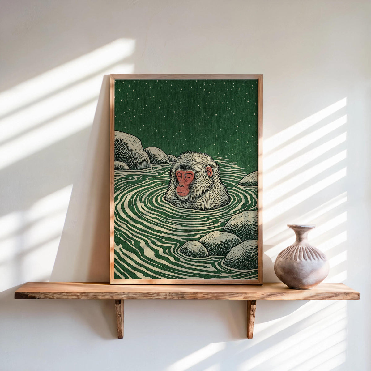 Snow Monkey Woodblock Art Print, Japanese Macaque Onsen Poster, Relaxing Hot Spring Decor, Linocut Wildlife Illustration Zen Animal Wall Art