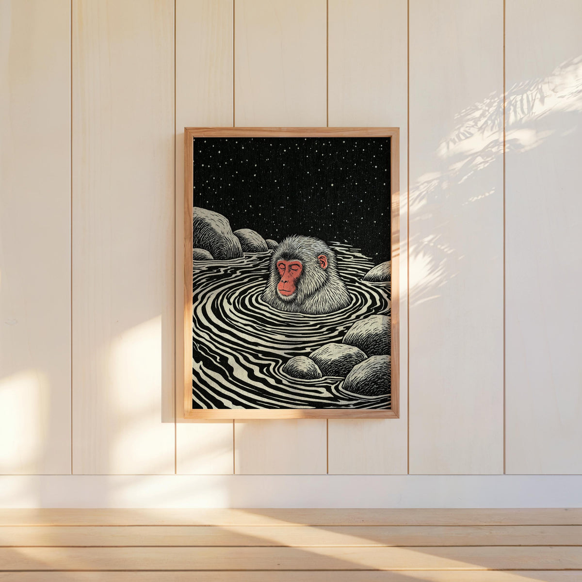 Snow Monkey Woodblock Art Print, Japanese Macaque Onsen Poster, Relaxing Hot Spring Decor, Linocut Wildlife Illustration Zen Animal Wall Art