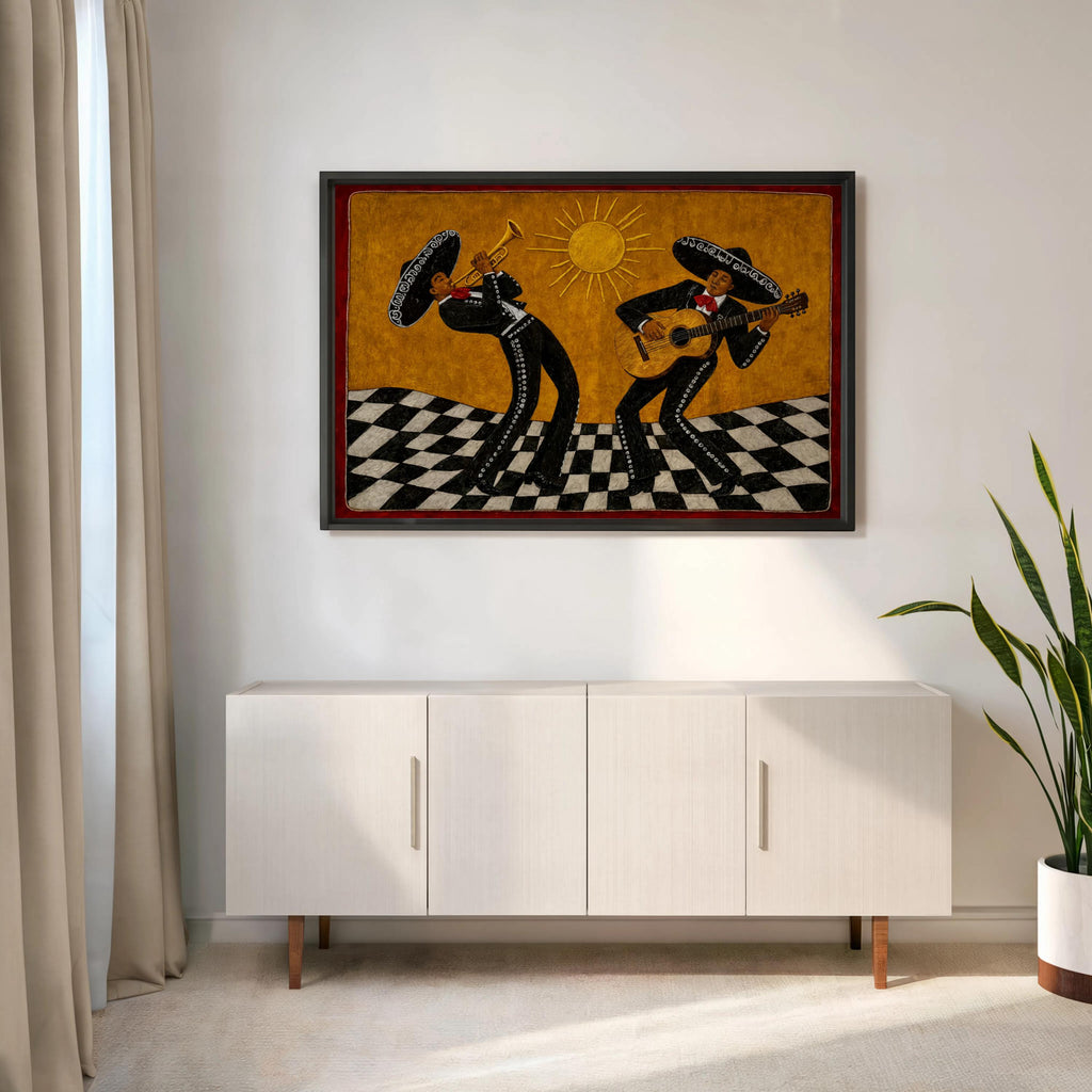 Bold mariachi wall art above a low console, mustard sunburst and wavy black and white checkerboard