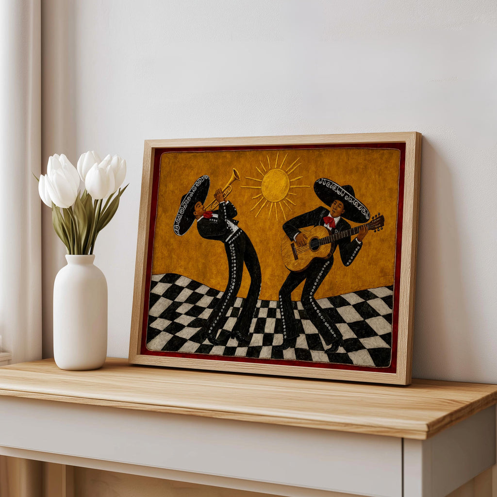 Framed mariachi art print resting on a wooden ledge beside a tulip vase, music room wall art styling