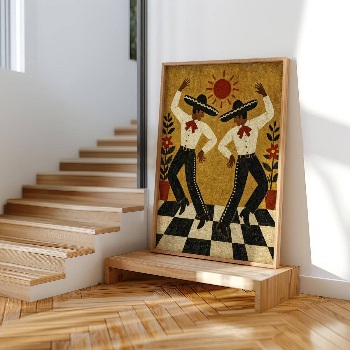 Mexican folk dance wall art on wooden step display, vintage-inspired textures, floral motifs, bold red sun