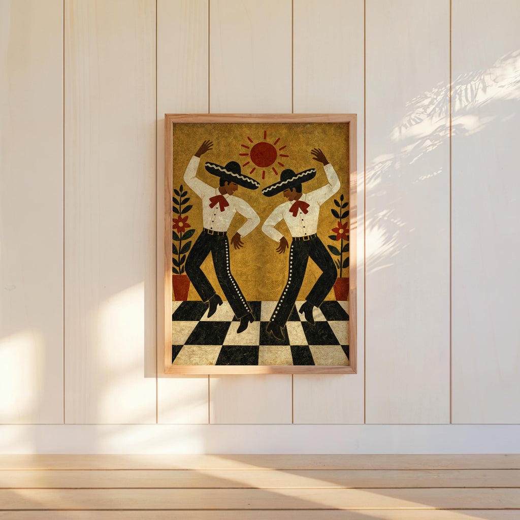 Mexican folk dance wall art displayed against paneled wall, dramatic shadow, bold black and white checkered floor