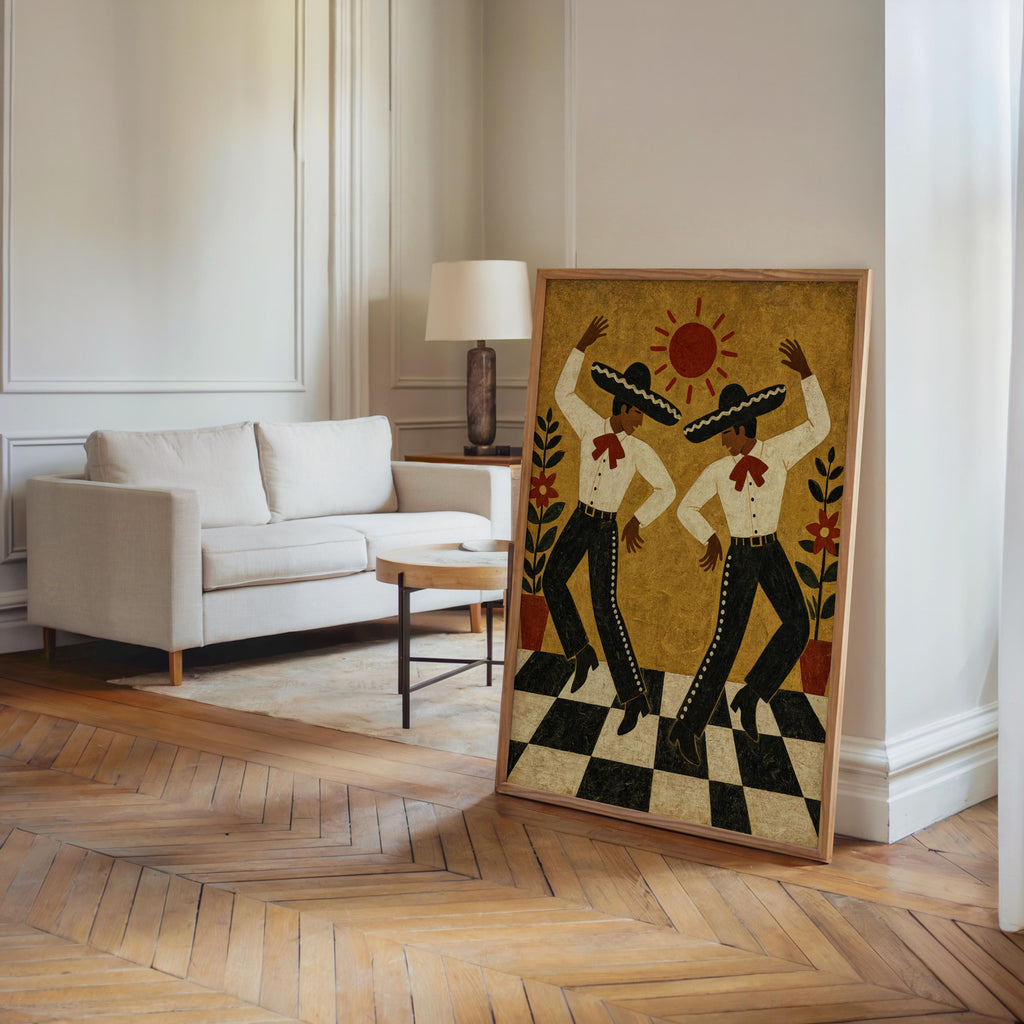 Large Mexican folk dance wall art leaning by sofa in bright living room, textured folk-art poster, ochre tones