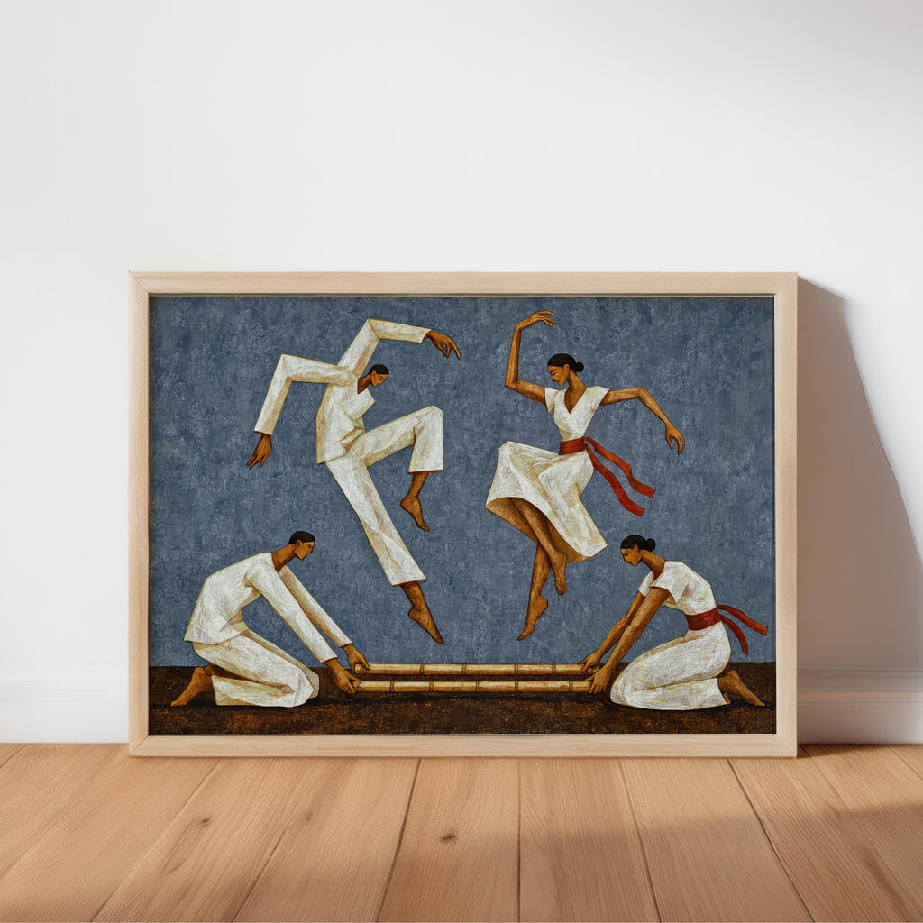 Slate blue Tinikling art print with visible texture, dancers mid-leap, Philippine folk dance art