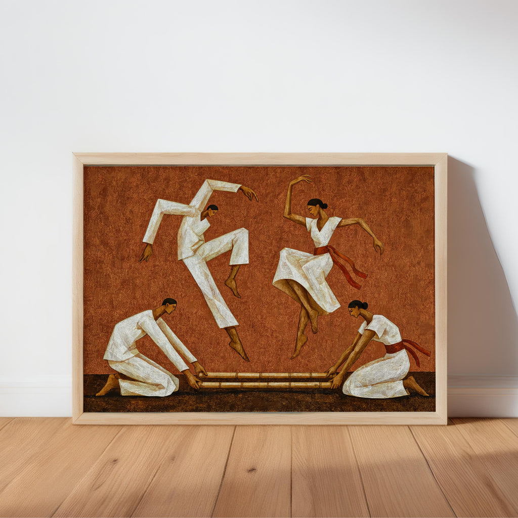 Framed Tinikling art print in terracotta, stylized dancers over bamboo poles, textured finish