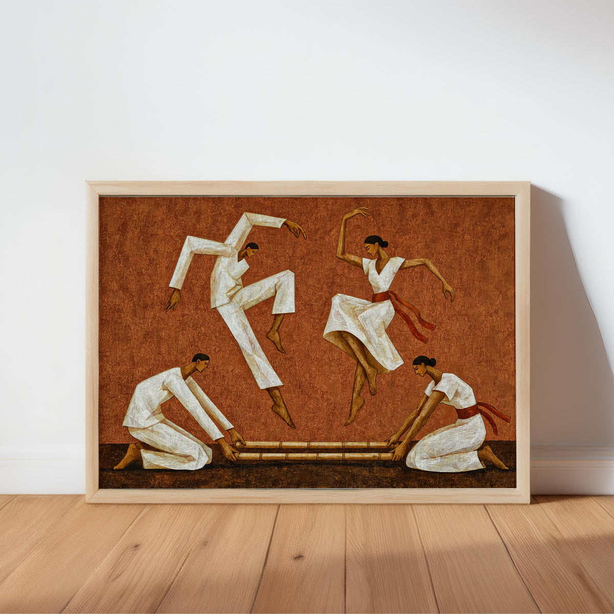 Framed Tinikling art print in terracotta, stylized dancers over bamboo poles, textured finish