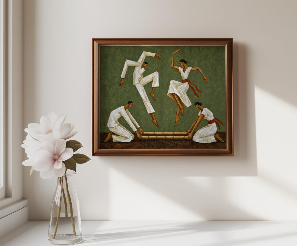 Sage-framed Tinikling art print on a neutral wall, minimal styling with vase, Philippine folk dance art