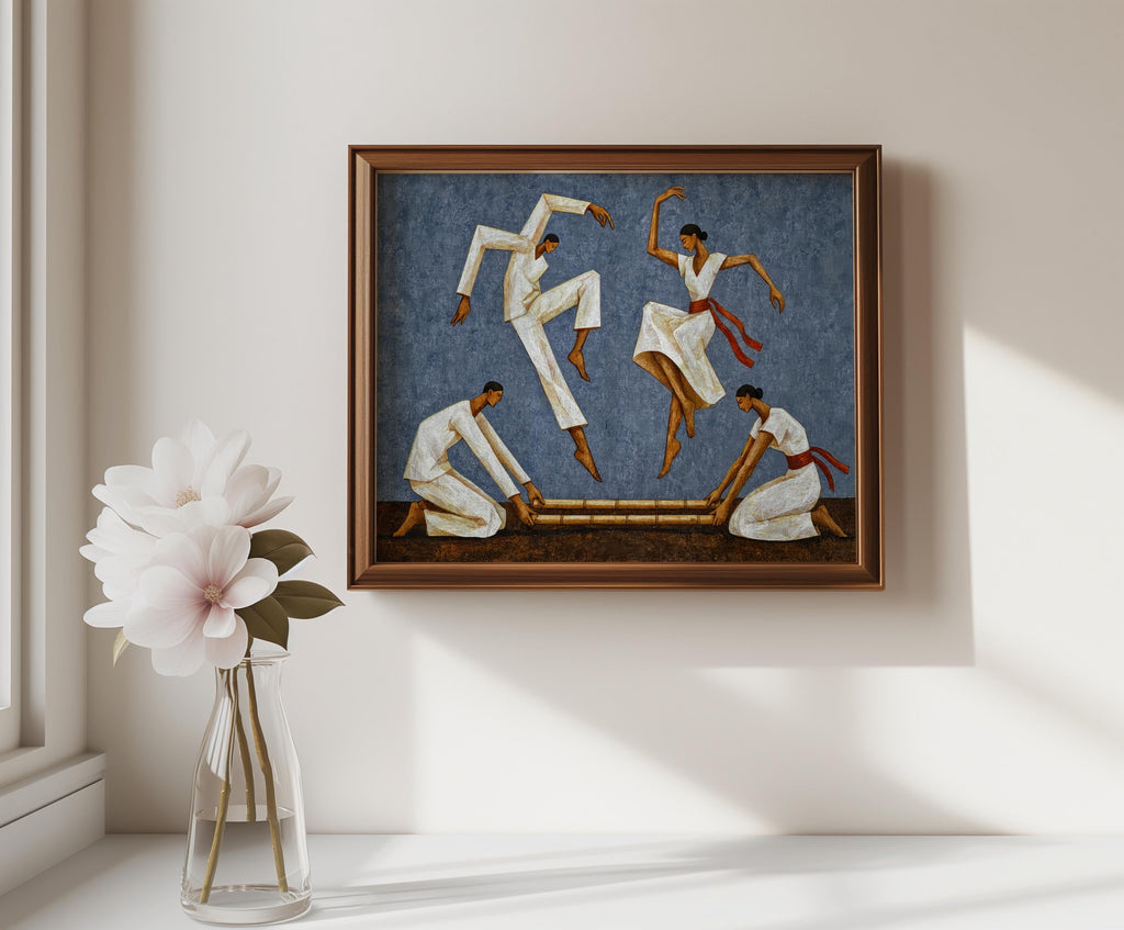 Blue Tinikling art print hung above a console, textured handcrafted finish, bamboo dance art styling