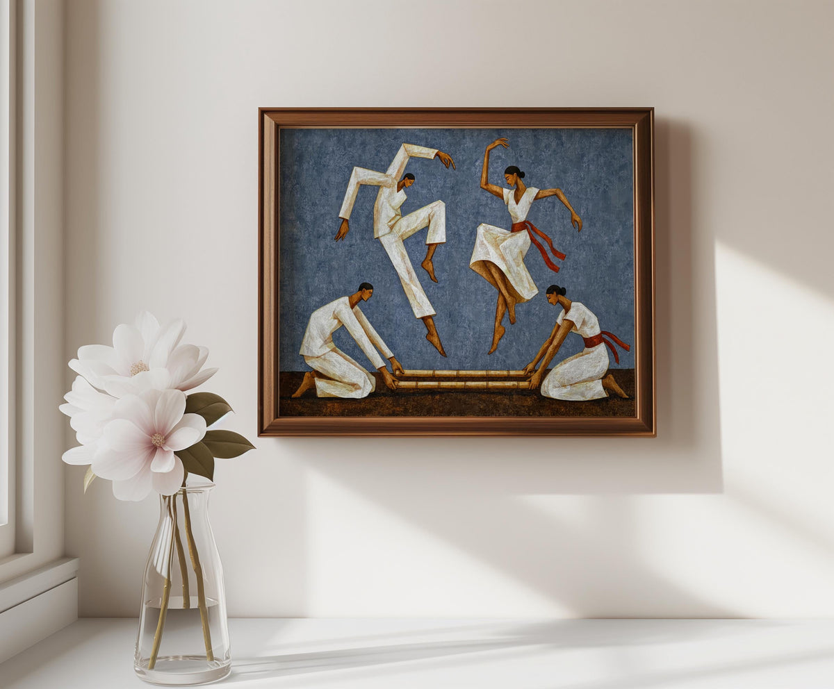 Blue Tinikling art print hung above a console, textured handcrafted finish, bamboo dance art styling